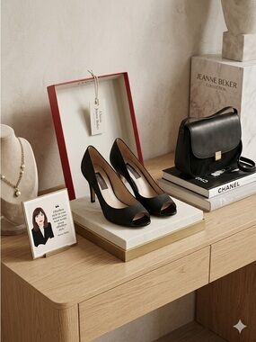Jeanne Beker Black Classic Pumps w/ Peep Toe, EUC (Box Incl.)